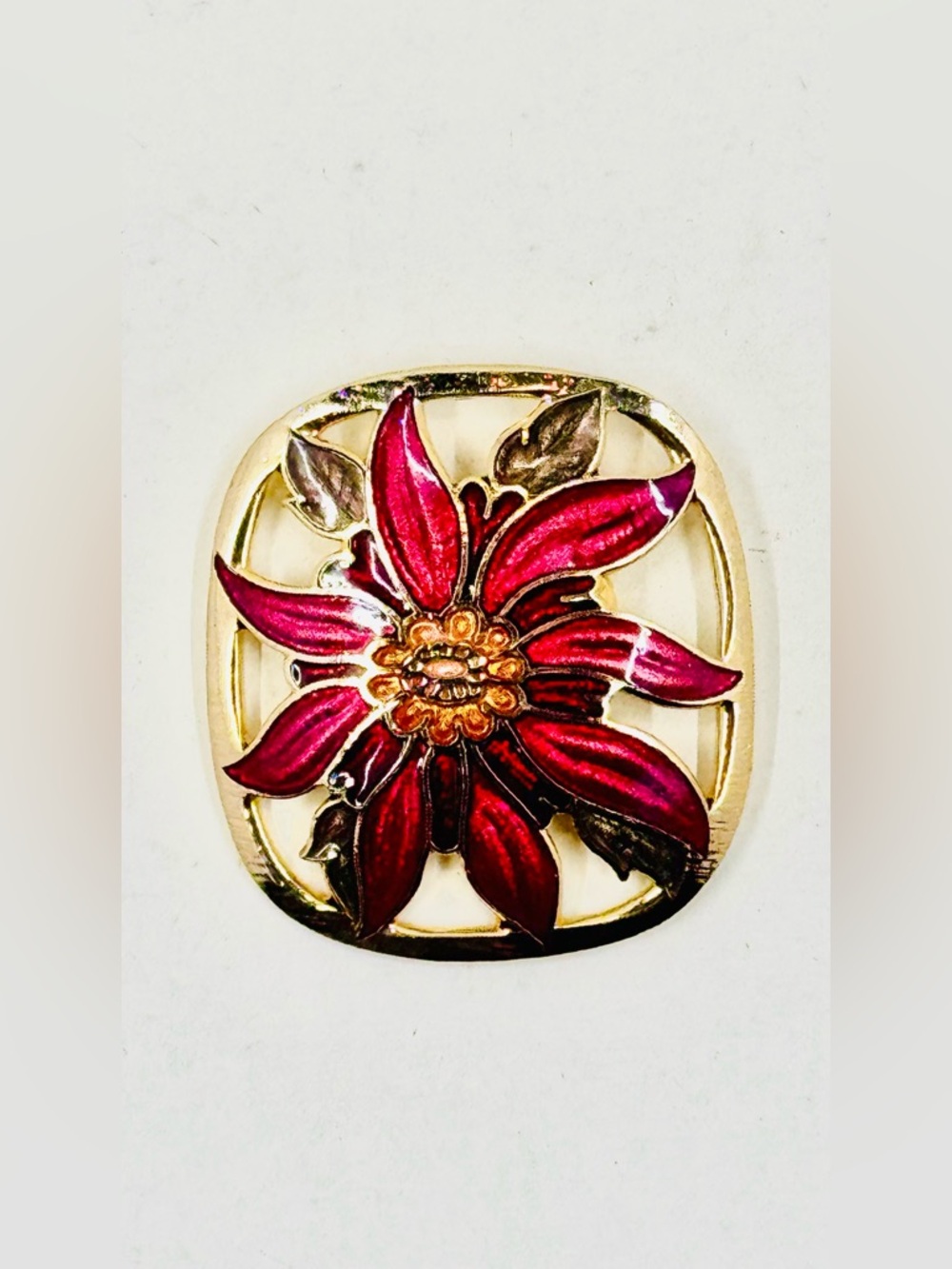 Gold-Tone Red Floral Poinsettia Cloisonné Enamel Brooch 1.75”X1.5”